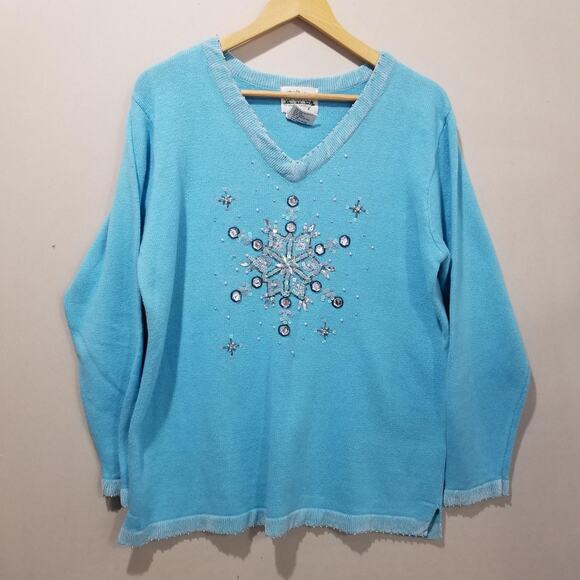 Quacker Factory Sweater Womens Large Blue Snowflake Beaded Winter Pullover Artsy - Picture 1 of 9